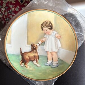 Antique Decorative Plate with Child and Dog - Multicolor